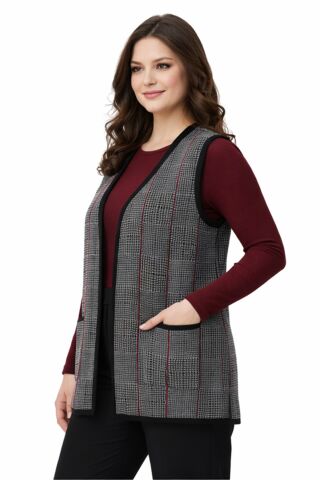 Kadın Anne Triko Yelek Kaz Ayağı Desen BGL-ST05299 FÜME - M
