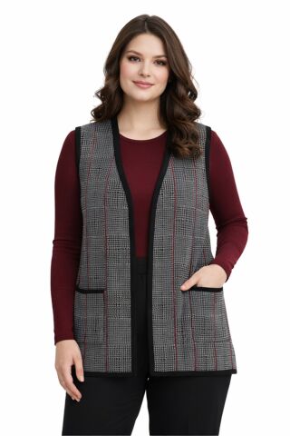 Kadın Anne Triko Yelek Kaz Ayağı Desen BGL-ST05299 FÜME - L
