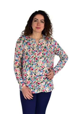 Kadın Çiçek Baskılı Düğmeli Viscon Bluz BGL-ST04275