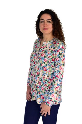Kadın Çiçek Baskılı Düğmeli Viscon Bluz BGL-ST04275