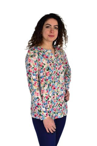 Kadın Çiçek Baskılı Düğmeli Viscon Bluz BGL-ST04275