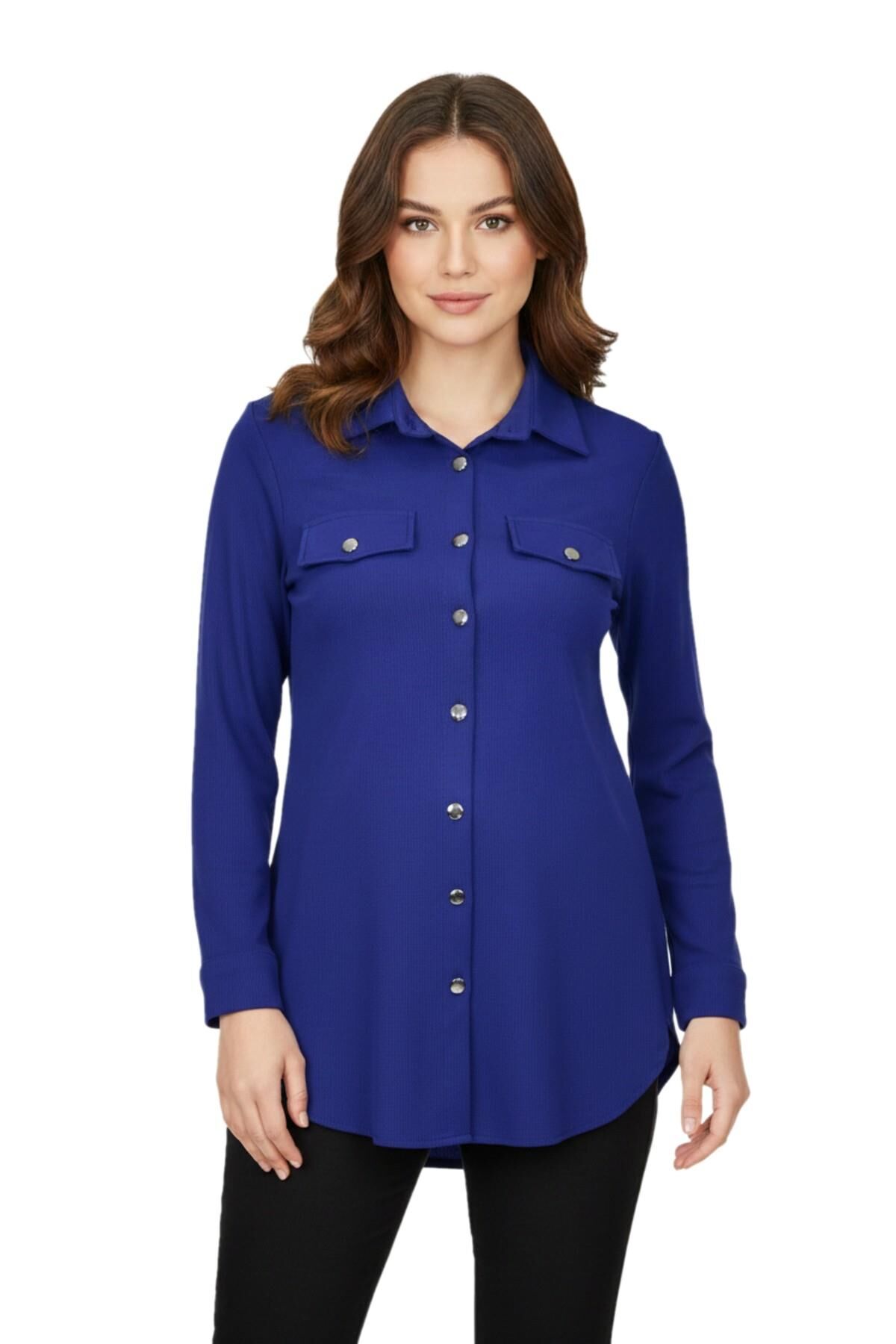 Kadın Düğmeli Cep Modelli Tunik BGL-ST05191 İNDİGO - 48