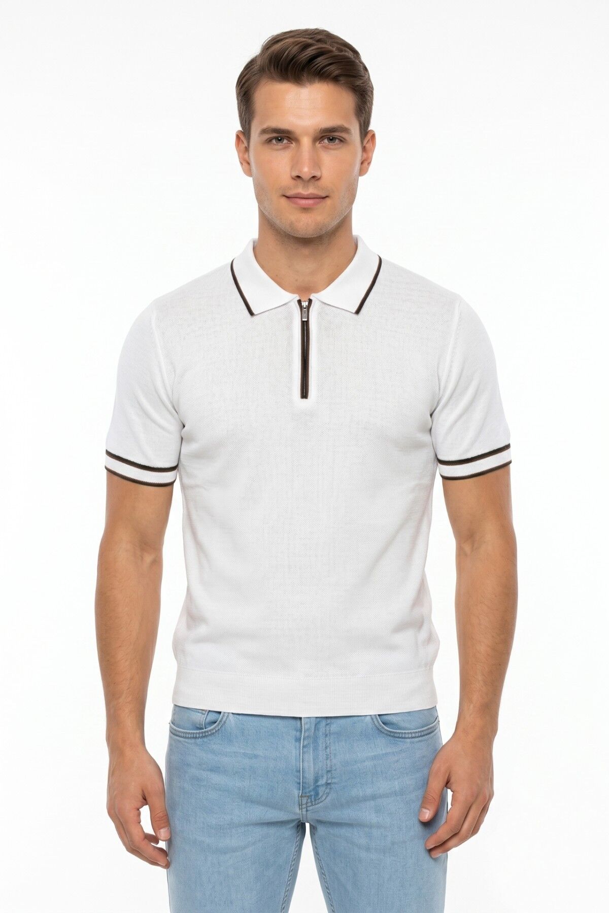 Erkek Polo Yaka Kısa Kollu Triko Tişört Regular Kalıp BGL-ST05557 BEYAZ - XL