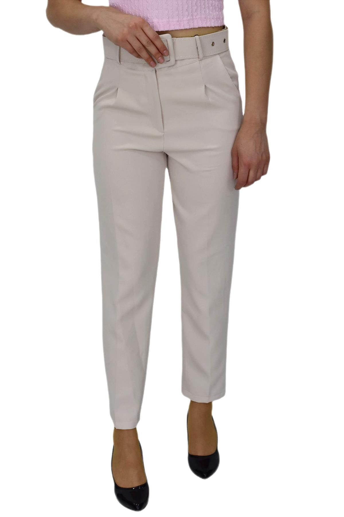 Kadın Kemerli Bilek Pantolon BGL-ST03690 BEJ - 38
