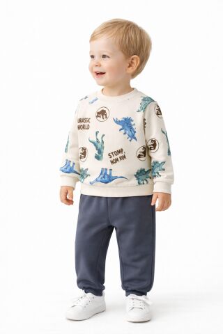 Erkek Çocuk Önü Baskılı Sweatshirt Ve Eşofman Alt Takım BGL-ST05256 FÜME - 2 YAŞ