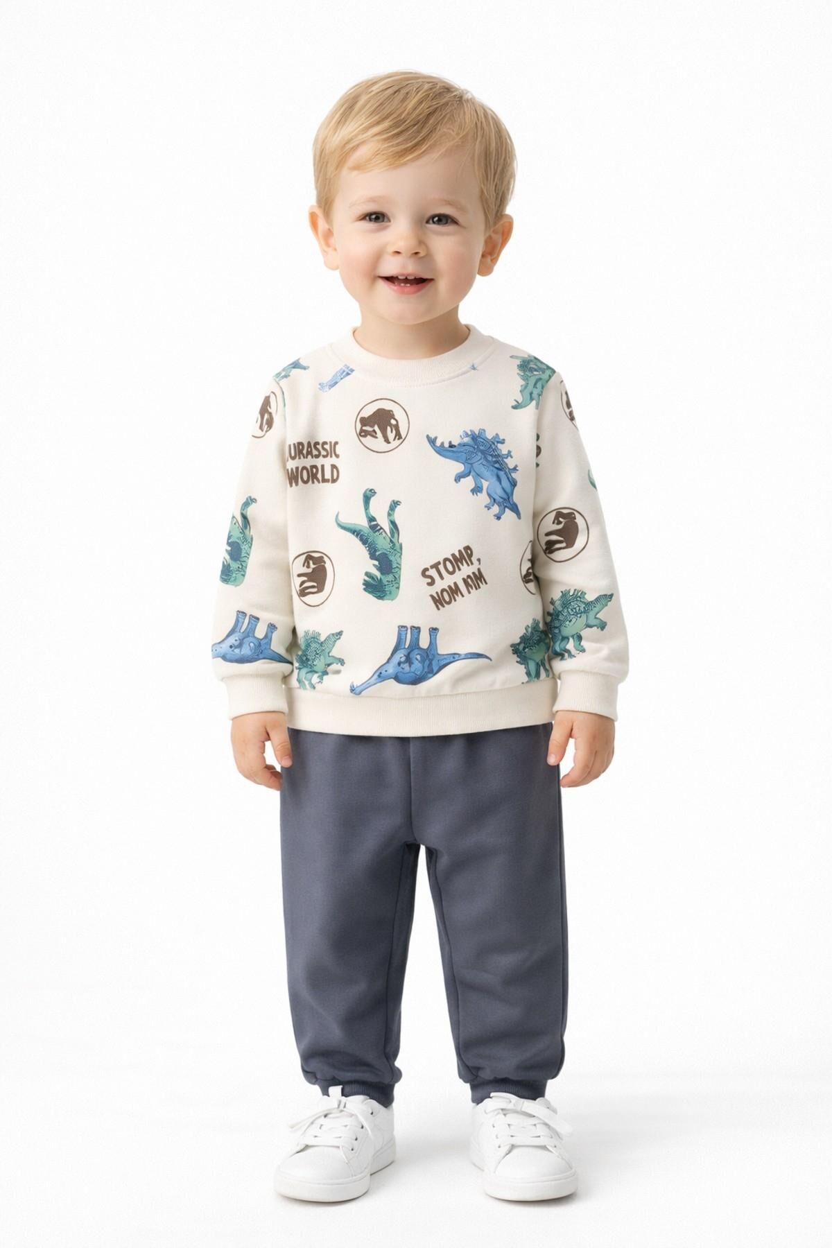 Erkek Çocuk Önü Baskılı Sweatshirt Ve Eşofman Alt Takım BGL-ST05256 FÜME - 3 YAŞ