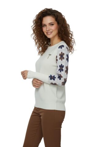 Kadın Triko Papatyalı Kazak BGL-ST03357 EKRU - STANDART