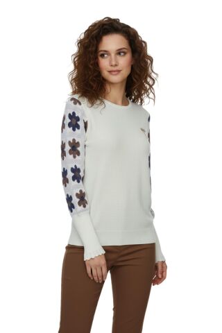 Kadın Triko Papatyalı Kazak BGL-ST03357 EKRU - STANDART