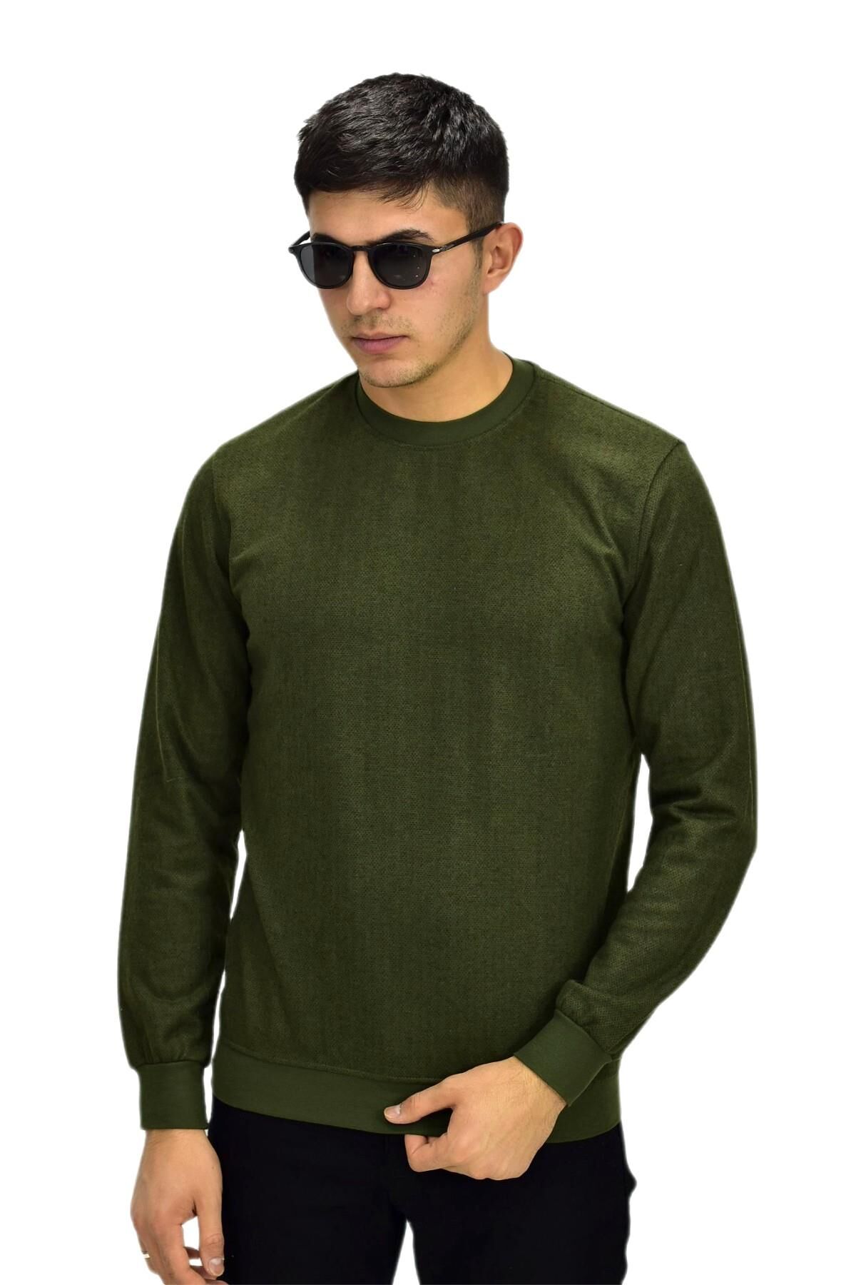 Erkek Spor Sıfır Yaka Sweatshirt R2270 BGL-ST03187 HAKİ - M