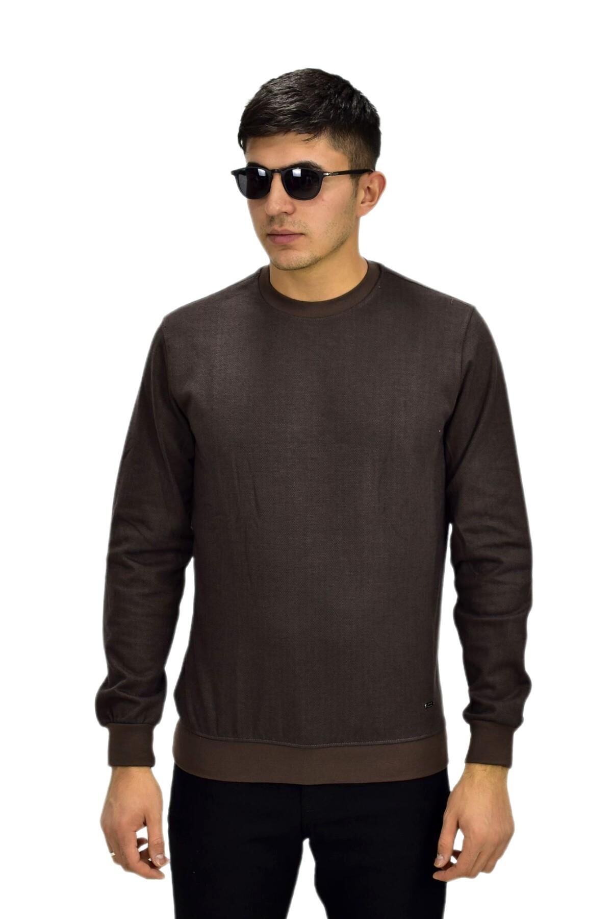 Erkek Spor Sıfır Yaka Sweatshirt R2270 BGL-ST03187 KAHVE - 2XL