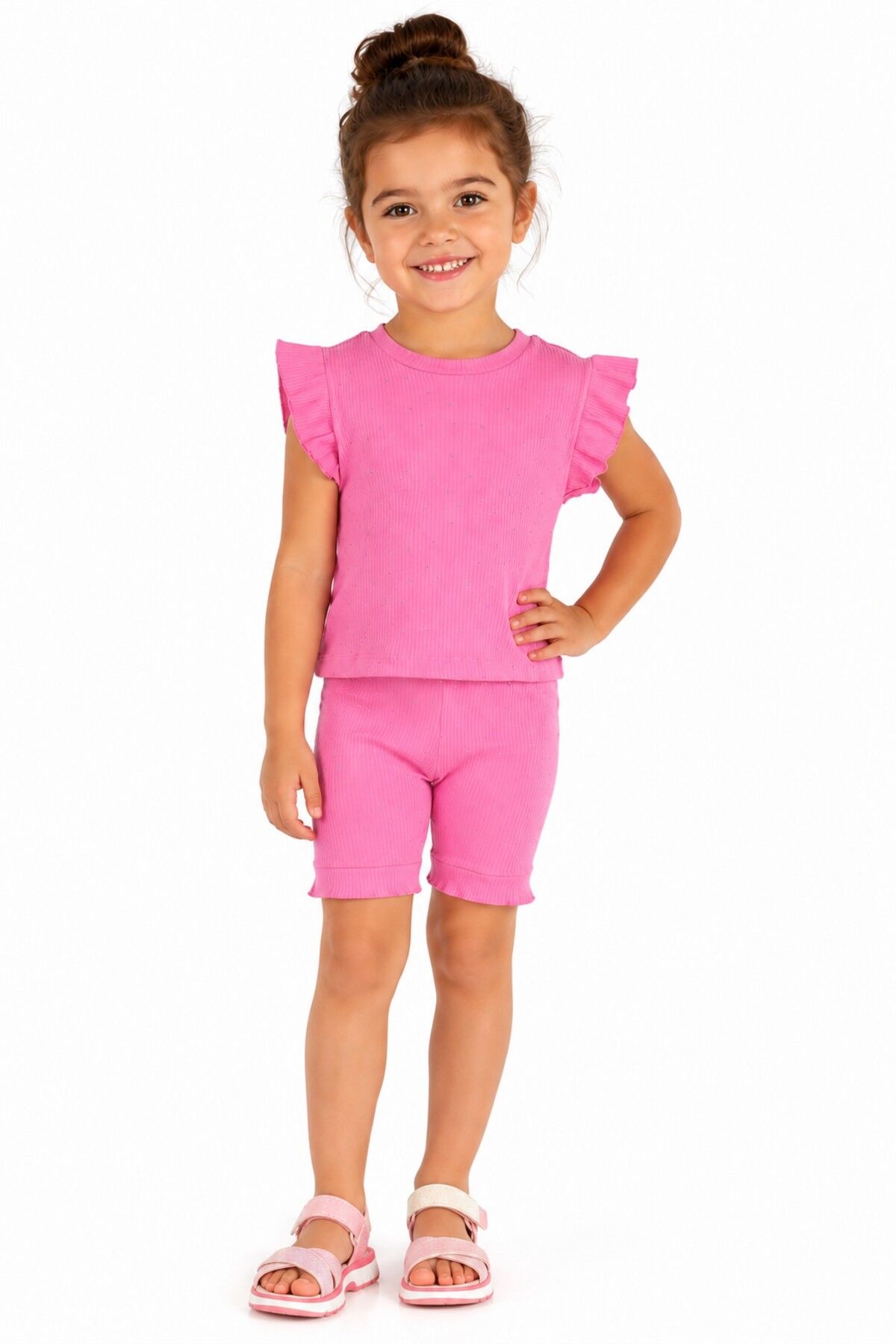 Kız Çocuk Kaşkorse Penye Kol Valonlu Şortlu Takım BGL-ST05510 PEMBE - 3 YAŞ