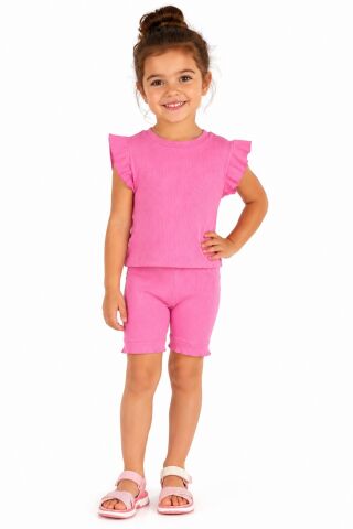 Kız Çocuk Kaşkorse Penye Kol Valonlu Şortlu Takım BGL-ST05510 PEMBE - 4 Yaş