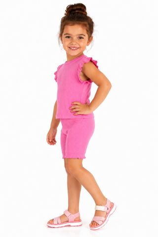 Kız Çocuk Kaşkorse Penye Kol Valonlu Şortlu Takım BGL-ST05510 PEMBE - 4 Yaş