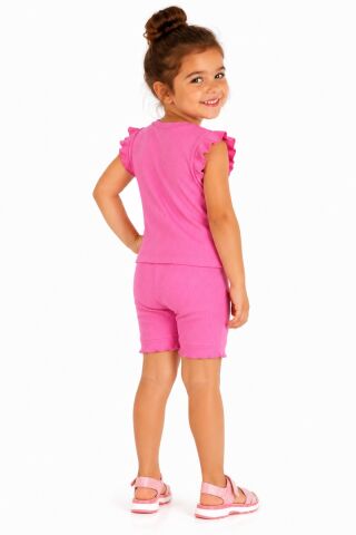 Kız Çocuk Kaşkorse Penye Kol Valonlu Şortlu Takım BGL-ST05510 PEMBE - 4 Yaş