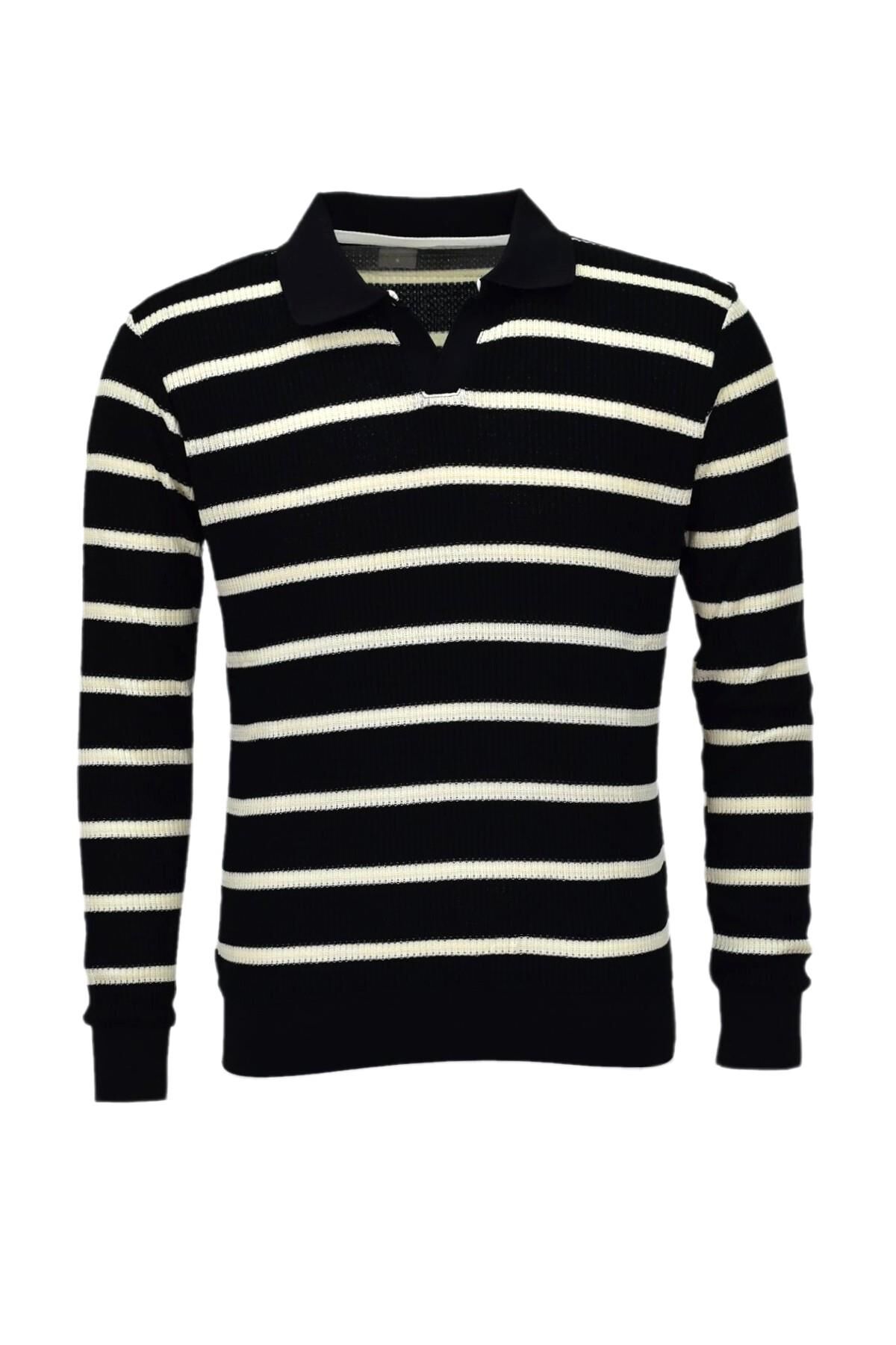 Erkek Spor Çizgili Mevsimlik Triko Polo Yaka Kazak BGL-ST03931 SİYAH - M