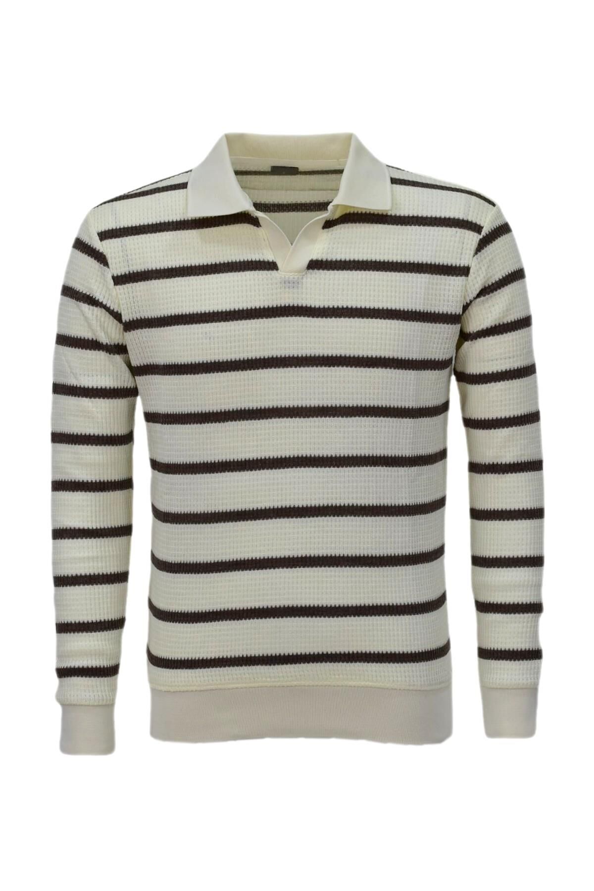 Erkek Spor Çizgili Mevsimlik Triko Polo Yaka Kazak BGL-ST03931 VİZON - S