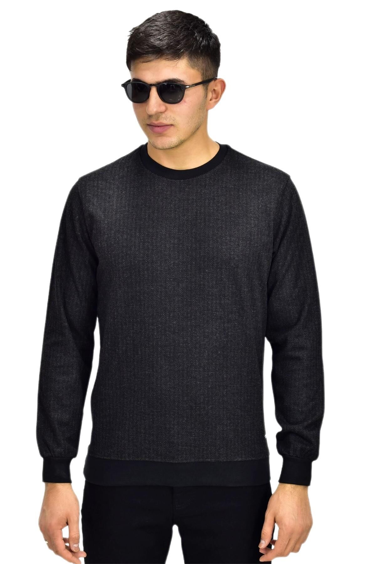 Erkek Spor Sıfır Yaka Sweatshirt R2270 BGL-ST03187 SİYAH - M