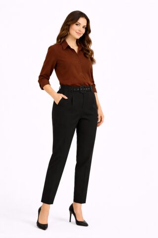 Kadın Kemerli Bilek Pantolon BGL-ST03690 SİYAH - 50