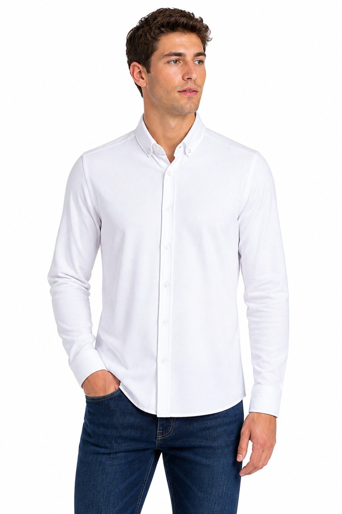 Erkek Spor Silim Likralı Gömlek BGL-ST05413 BEYAZ - L