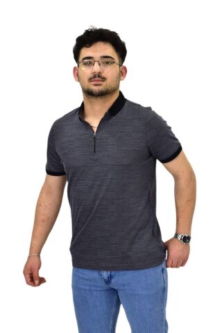 Erkek Polo Yaka Fermuarlı Merserize Jakarlı Tişört 7640 BGL-ST04537 FÜME - XL
