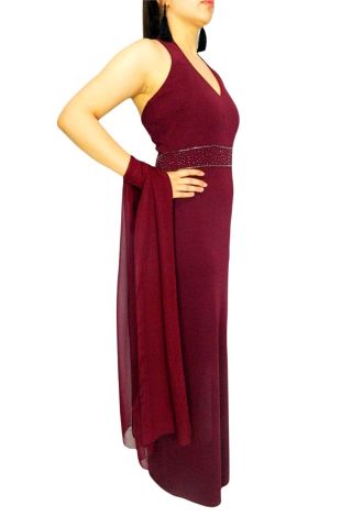 Kadın Kırmızı Beli İşli Abiye Elbise RS2134