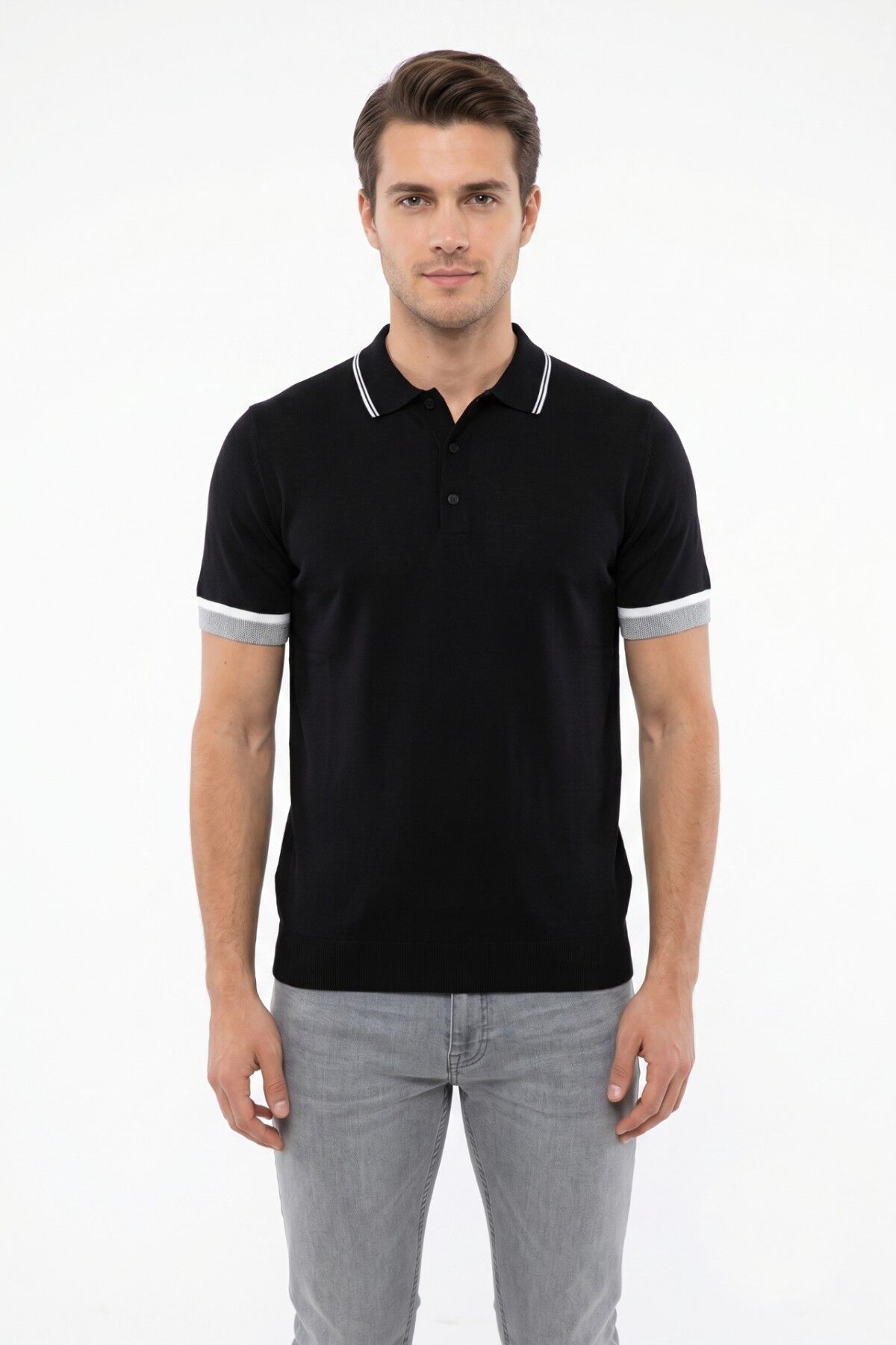 Erkek Polo Yaka Kısa Kollu Triko Tişört Regular Kalıp BGL-ST05559 SİYAH - XL