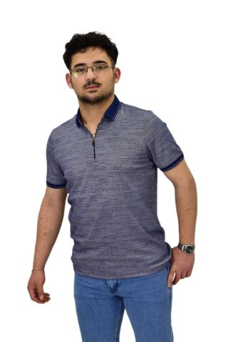 Erkek Polo Yaka Fermuarlı Merserize Jakarlı Tişört 7640 BGL-ST04537 LACİVERT - XL