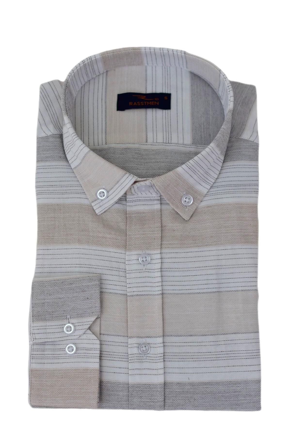 Erkek Silim Fit Pano Çizgili Gömlek BGL-ST03097 BEJ - L