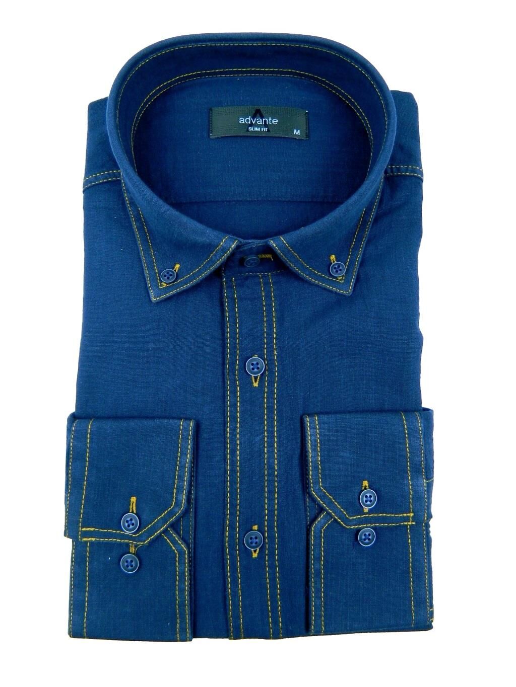 Erkek Slim Fitt Keten Gömlek Bgl-st00143 LACİVERT - XS