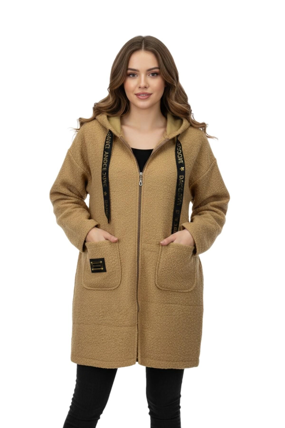 Kadın Anne Kapüşonlu Cepli Buklet Hırka BGL-ST05084 CAMEL - L
