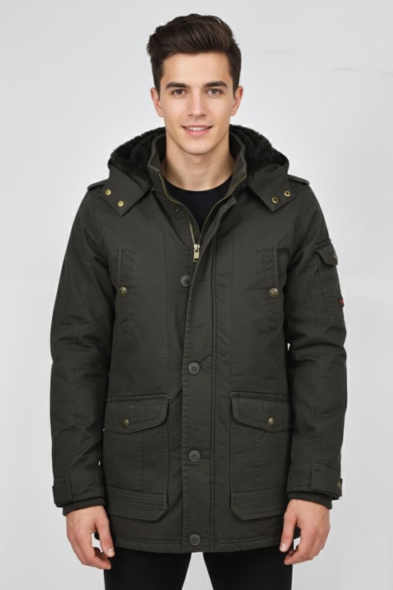 Erkek Spor Kanvas Kapüşonlu Parka M2585 BGL-ST04915 HAKİ - S