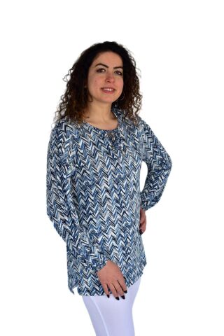 Kadın V Desen Baskılı Viscon Bluz BGL-ST04285 İNDİGO - L