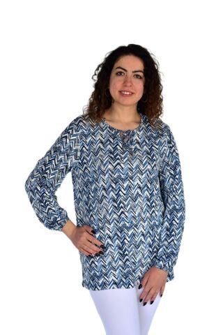 Kadın V Desen Baskılı Viscon Bluz BGL-ST04285 İNDİGO - L
