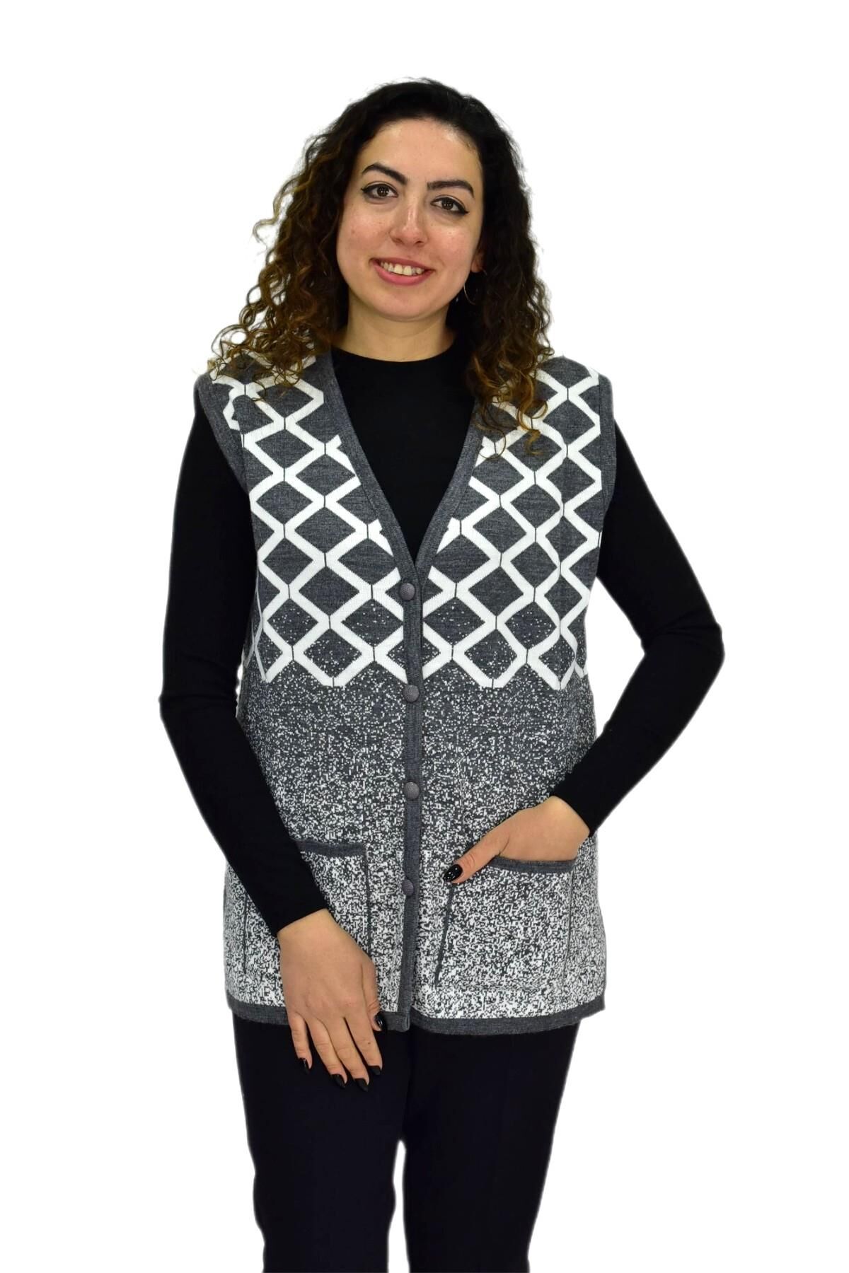Kadın Anne Cepli Triko Yelek ASY BGL-ST04131 GRİ - L