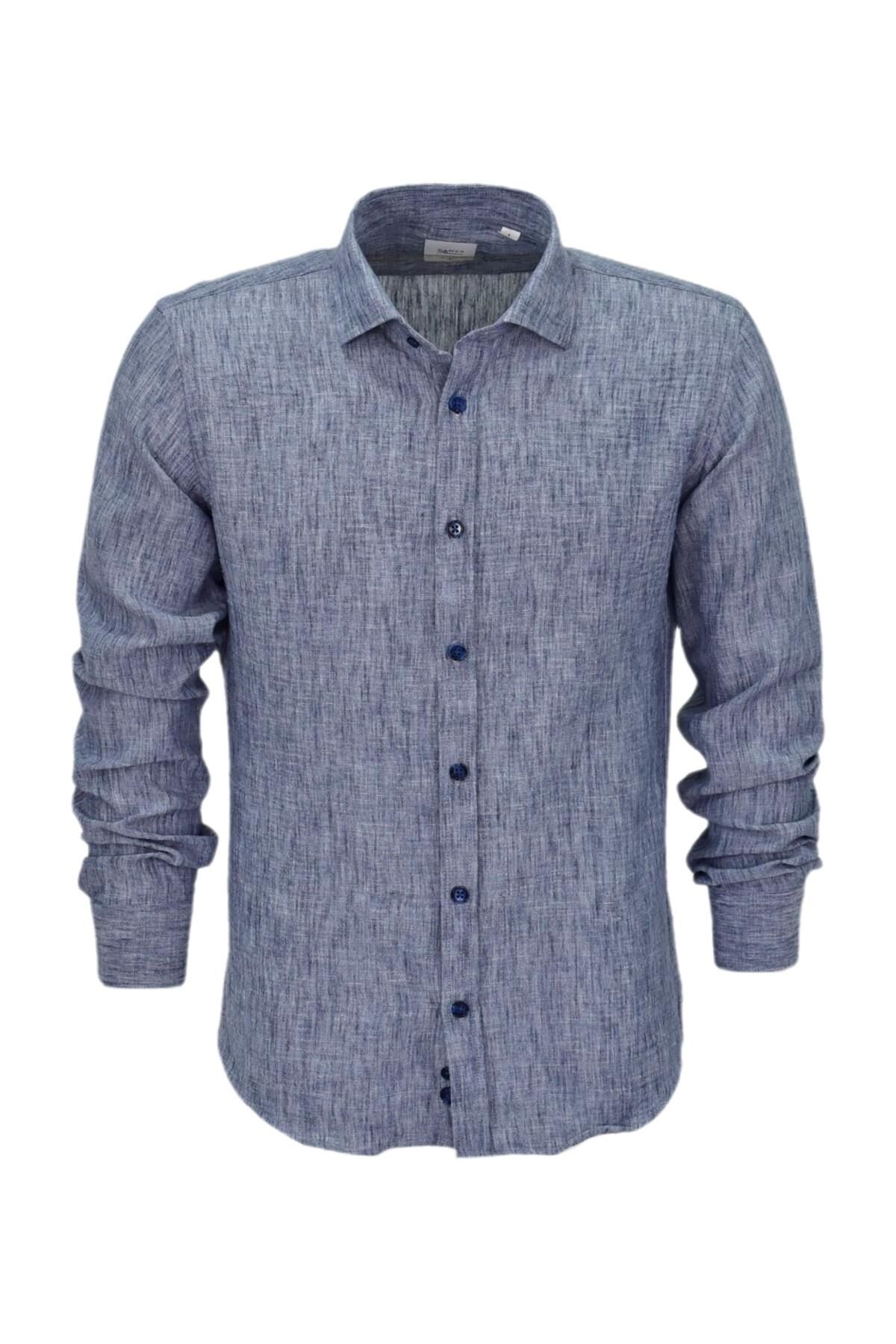 Erkek Yazlık Slim Fitt Uzun Kol Gömlek 2431 BGL-ST04755 İNDİGO - XL
