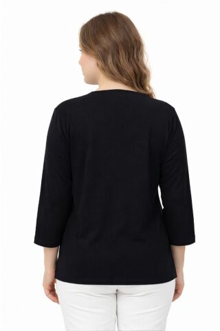 Kadın Taş Düğmeli Küçük V Yakalı Bluz BGL-ST05289 SİYAH - 4XL