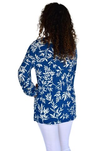 Kadın Yaprak Desen Baskılı Viscon Bluz BGL-ST04288 İNDİGO - L