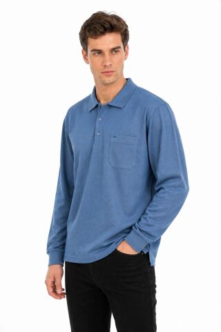 Erkek Büyük Beden Mevsimlik Polo Yaka Cepli Sweatshirt BGL-ST05367 MAVİ - 3XL