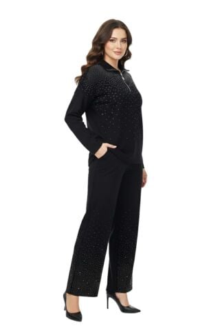Kadın Siyah Yarım Fermuarlı Taşlı Eşofman Takım BGL-ST05083