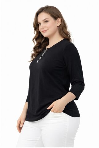 Kadın Taş Düğmeli Küçük V Yakalı Bluz BGL-ST05289 SİYAH - 4XL