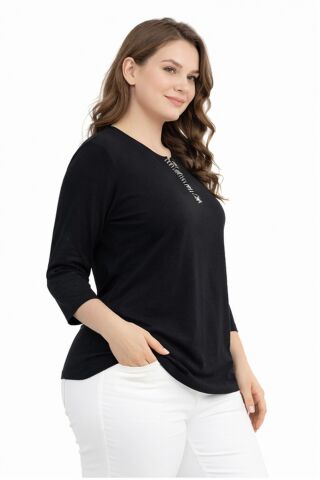 Kadın Taş Düğmeli Küçük V Yakalı Bluz BGL-ST05289 SİYAH - 4XL