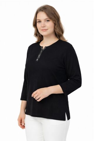 Kadın Taş Düğmeli Küçük V Yakalı Bluz BGL-ST05289 SİYAH - 5XL