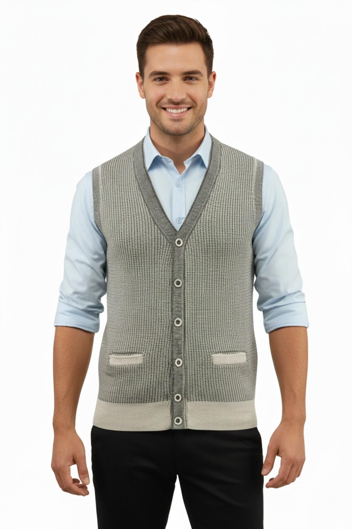 Erkek Düğmeli Yelek Cepli Çelik Örgü Klasik Kalıp 5208L BGL-ST04964 TAŞ - XL