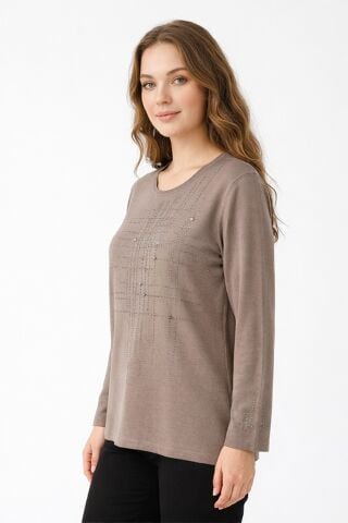Kadın Taşlı Desen Mevsimlik Triko Bluz BGL-ST05291 VİZON - 2XL