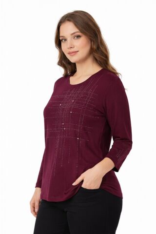 Kadın Taşlı Desen Mevsimlik Triko Bluz BGL-ST05291 VİZON - 2XL