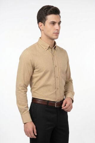 Erkek Klasik Uzun Kol Tek Cepli Piti Kareli Gömlek BGL-ST05480 CAMEL - S