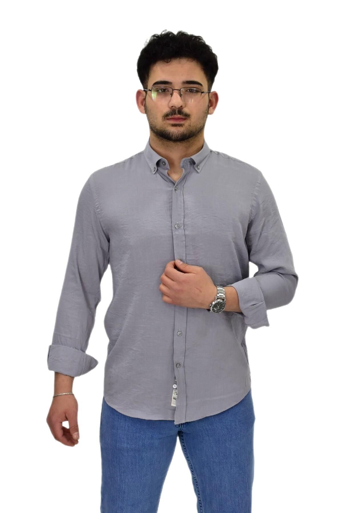 Erkek Spor Silim Fit Uzun Kol Gömlek G5033 BGL-ST04492 GRİ - XL