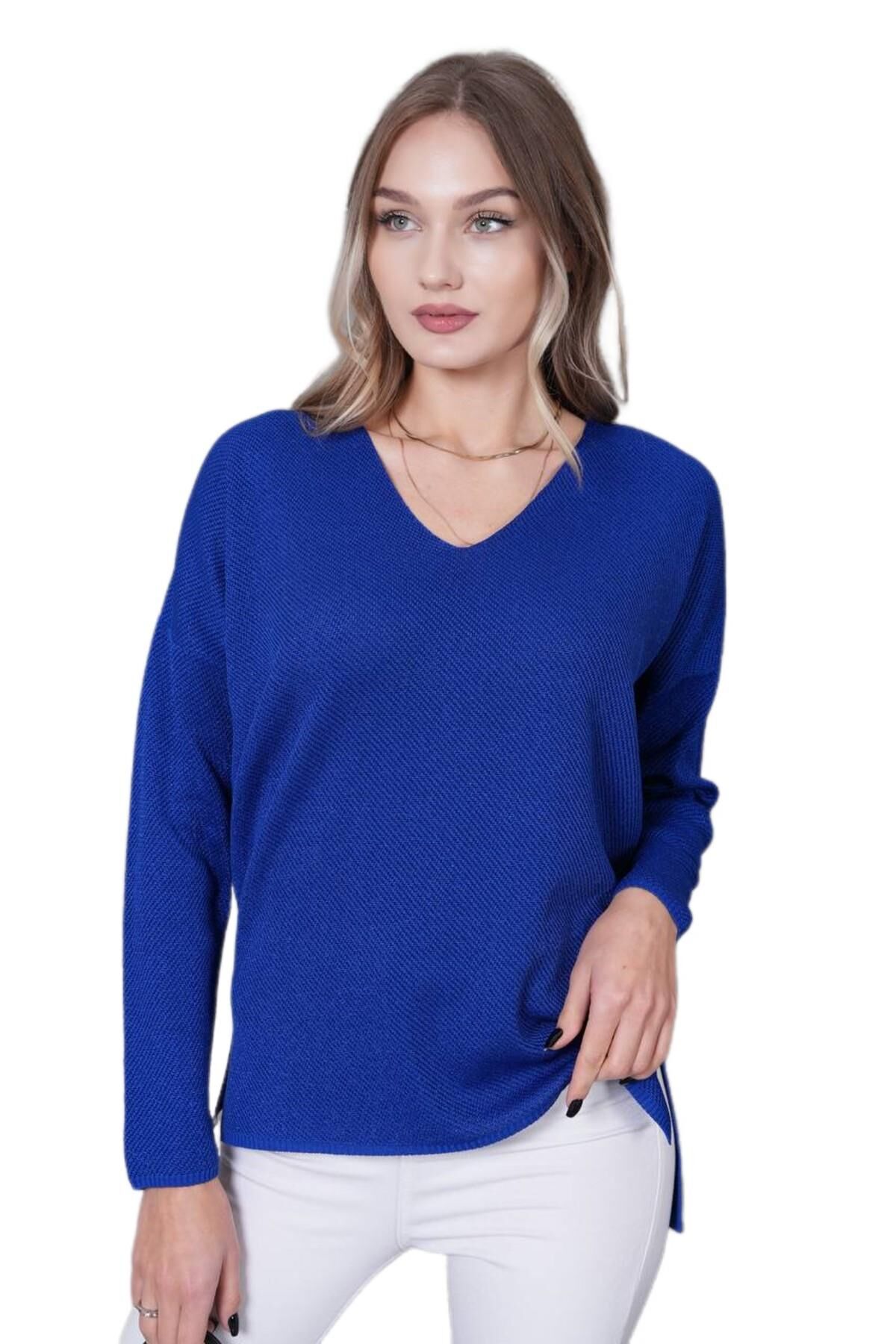 Kadın V Yaka Yaka Simli Kazak 12815 BGL-ST04225 SAKS MAVİ - M/L