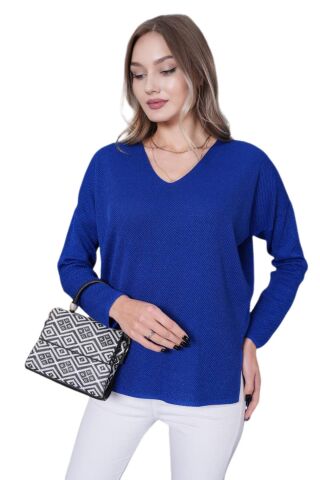 Kadın V Yaka Yaka Simli Kazak 12815 BGL-ST04225 SAKS MAVİ - M/L