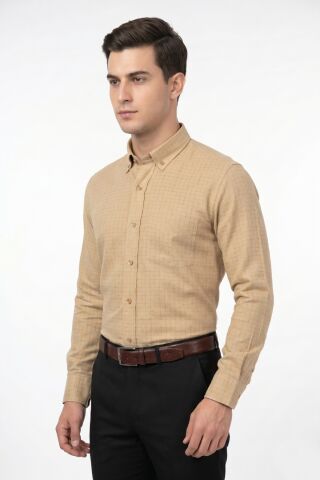 Erkek Klasik Uzun Kol Tek Cepli Piti Kareli Gömlek BGL-ST05480 CAMEL - L